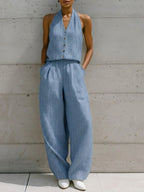 Casual Sleeveless Striped Linen And Cotton Top And Pants Two-piece Set