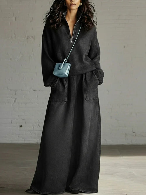 Casual Denim Stand-collar Zip-up Top And Skirt Two-piece Set