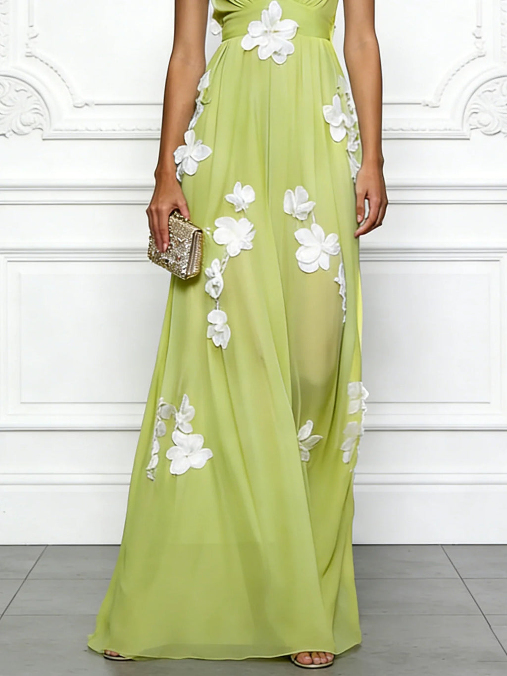 Light Green Applique Chiffon V Neck Sleeveless A-Line Maxi Dress