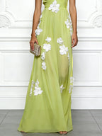 Light Green Applique Chiffon V Neck Sleeveless A-Line Maxi Dress