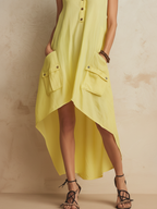 Lemon Yellow Sleeveless High-Low Shirt Dress With Cargo Pockets