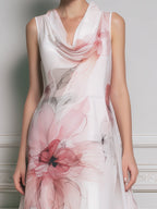 Sleeveless Draped Floral Asymmetric Midi Dress