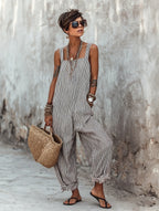 Striped Cotton Square-Neck Wide Leg Jumpsuit