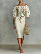 Women's floral print mid-sleeve slit dress