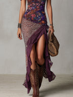 Purple Urban Nomadic Leopard Print Floral High-slit Maxi Dress