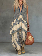 Casual Artistic Striped Cotton-linen Two-piece Set: Half-zip Top And Trousers