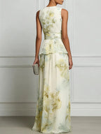 Layered Floral Sleeveless Waist Flowing Maxi Dress