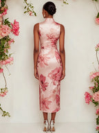 Pink Floral Satin Mock Neck Sleeveless Sheath Midi Dress