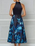 Halter Neck Floral Print A-Line Midi Dress