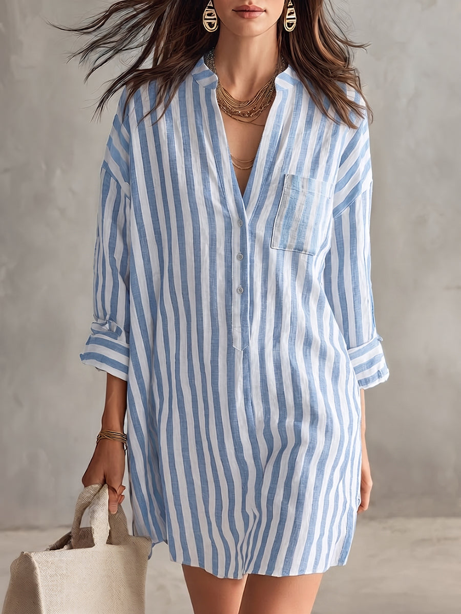 Cozy Henley Collar Striped Cotton-linen Mini Dress