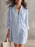 Cozy Henley Collar Striped Cotton-linen Mini Dress