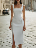Square-Neck Structured Slit Pencil Midi Dress