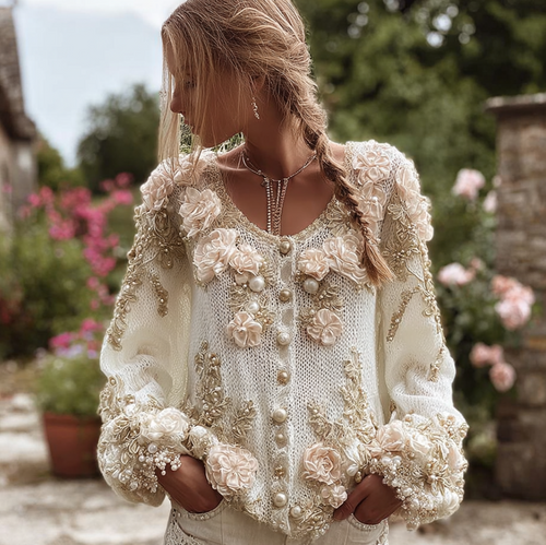 Bohemian Style 3d Pink Flower Knitted Pattern Women's V-neck Long-sleeve Knitted Sweater Jacket