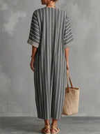 Women's Striped Printed V-neck 3/4 Sleeve Casual Loose Cotton Linen Dress