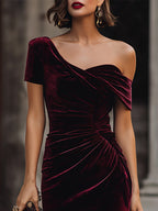 Midnight Asymmetrical Velvet Midi Dress