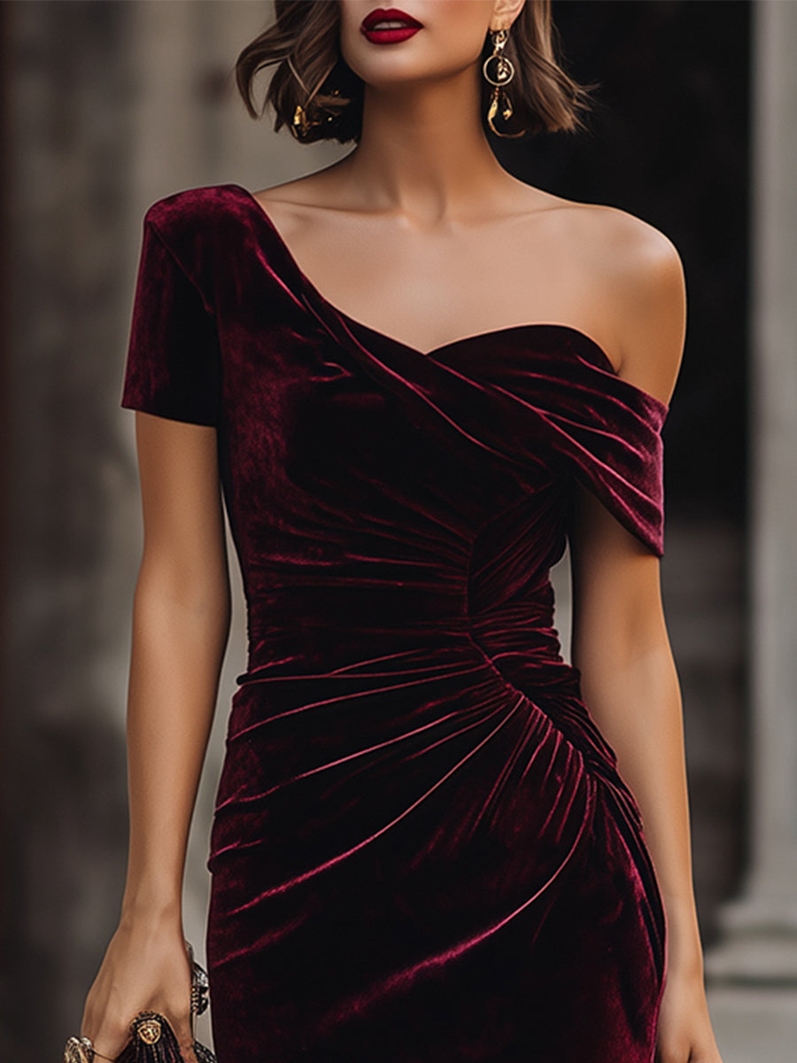 Midnight Asymmetrical Velvet Midi Dress