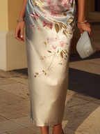 One-shoulder Satin Floral Print Midi Dress