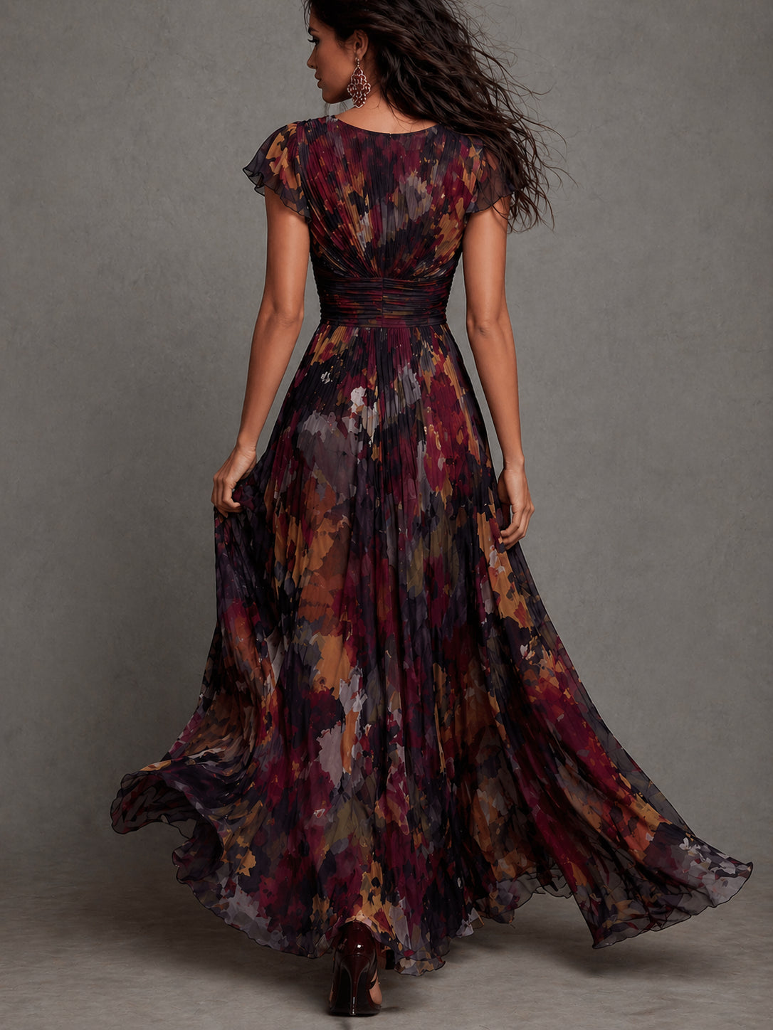 Vintage Watercolor Floral Print Pleated Chiffon Maxi Dress