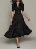 Elegant Satin Pleated Midi Dress With Lace Trim