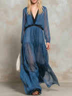 Women's Striped Art Casual Stylish Long Sleeve Chiffon Maxi Dress
