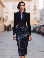 Midnight Velvet & Sequin Contrast Midi Dress