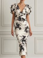Monochrome Bloom Flutter-Sleeve Midi Dress