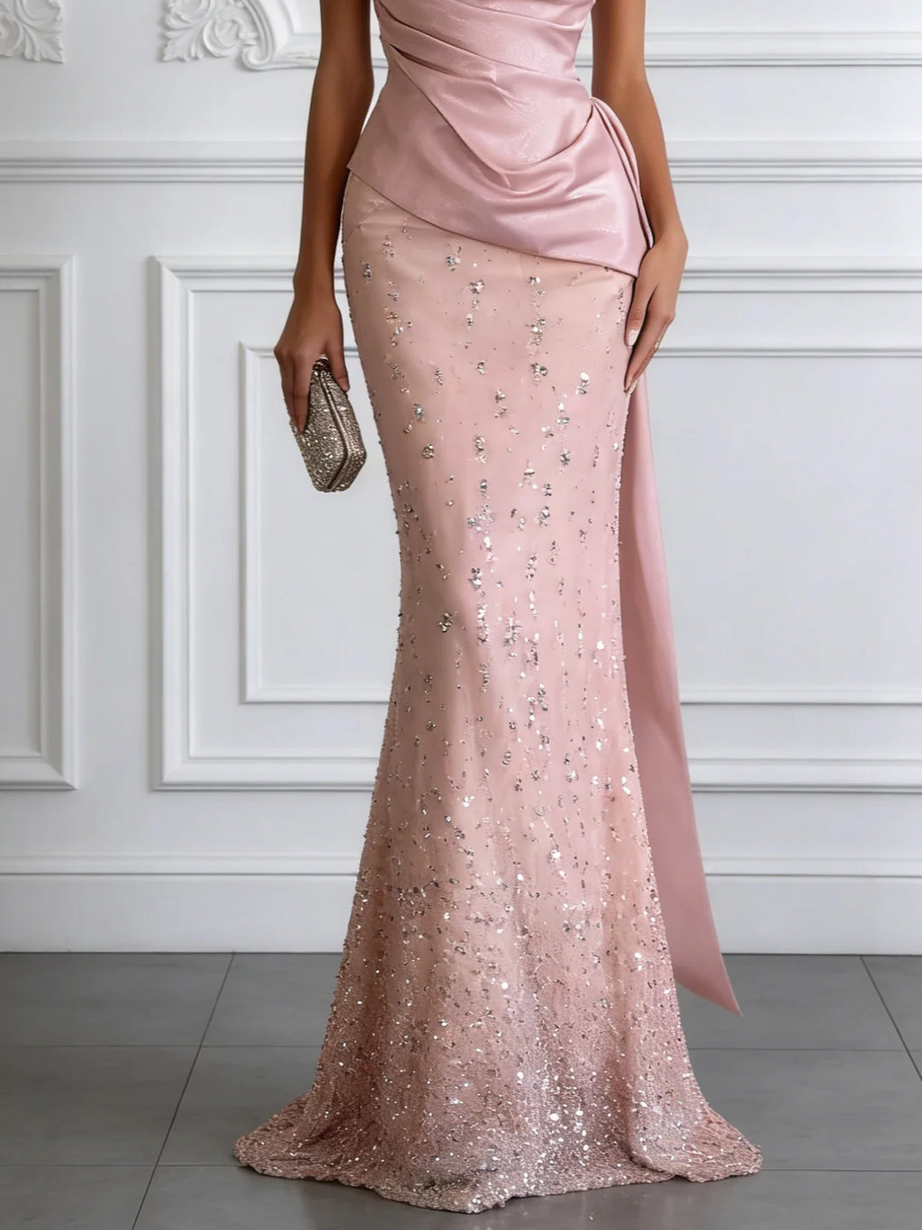 Pink Glitter Classic One Shoulder Sleeveless Mermaid Floor-length Gown Dress