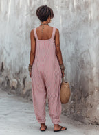 Striped Cotton Square-Neck Wide Leg Jumpsuit