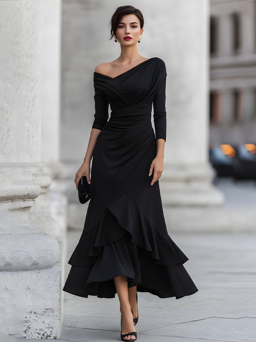 One-Shoulder Ruched Asymmetric Ruffle Hem Maxi Dress