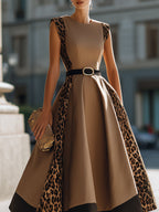 Leopard Panel Belted A-Line Maxi Dress