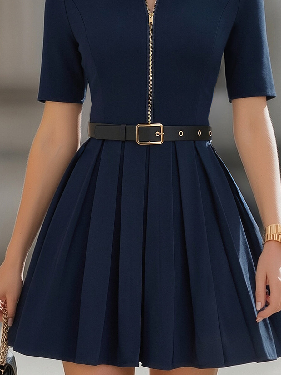 Navy Collared Zip-Front Pleated Mini Dress