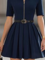 Navy Collared Zip-Front Pleated Mini Dress