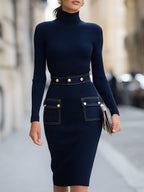 Navy Ribbed Knit Dress With Gold-Tone Button Denim Pocket Details