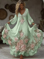 Women's Vintage Pink Floral Embroidery Art Comfy Linen Maxi Dress