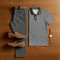 Men's Casual Gray Plaid Print Short-Sleeved Polo Shirt And Trousers Two-Piece Set