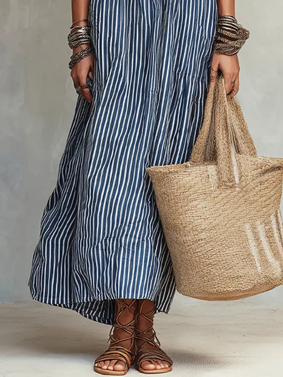 Women's Retro Striped Art Casual Vacation Lapel Cotton Linen Dress