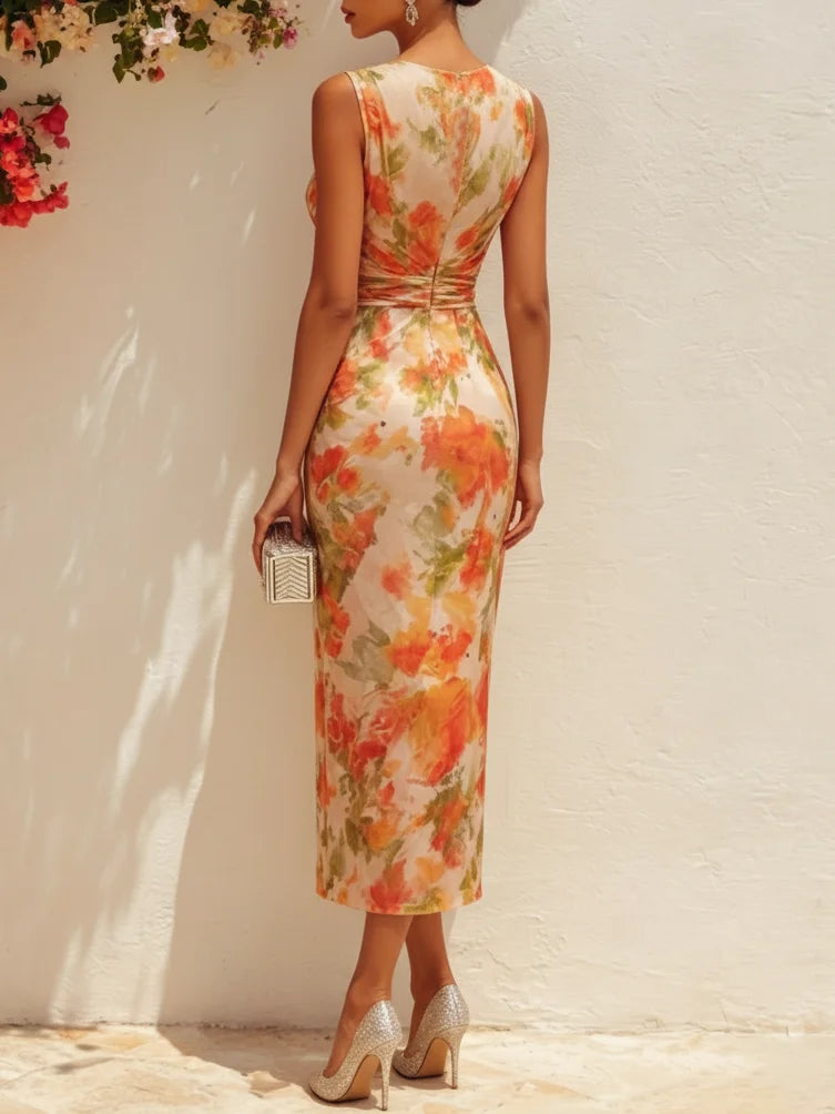 Orange Floral Chiffon V Neck Sleeveless Sheath Midi Dress