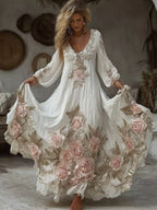 Women's Vintage Pink Floral Embroidery Art Comfy Linen Maxi Dress