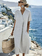 Women's Casual V-Neck Striped Loose Dress