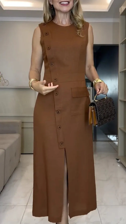 Brown Sleeveless Button‐Front Midi Dress
