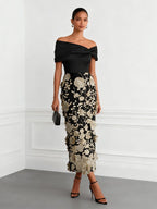 Black 3D Floral Classic Off The Shoulder Short Sleeve Sheath Midi Dress