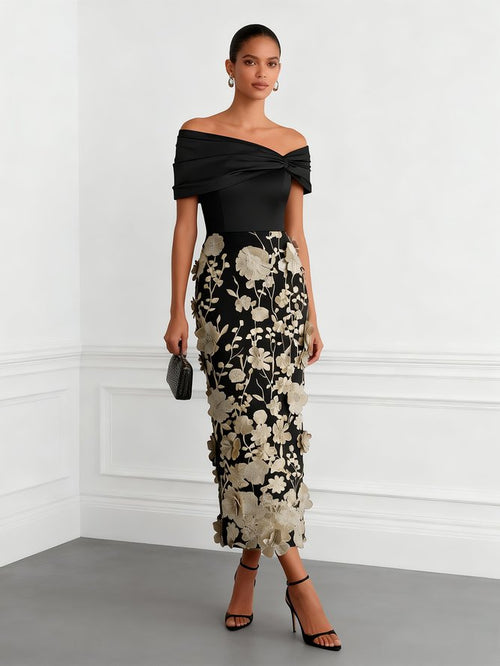 Black 3D Floral Classic Off The Shoulder Short Sleeve Sheath Midi Dress