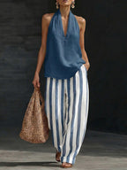 Classic Cozy Striped Cotton-linen Two-piece Set