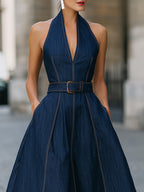 Elegant Dark Blue Denim Halter Neck Belted Midi Dress