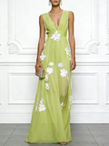 Light Green Applique Chiffon V Neck Sleeveless A-Line Maxi Dress