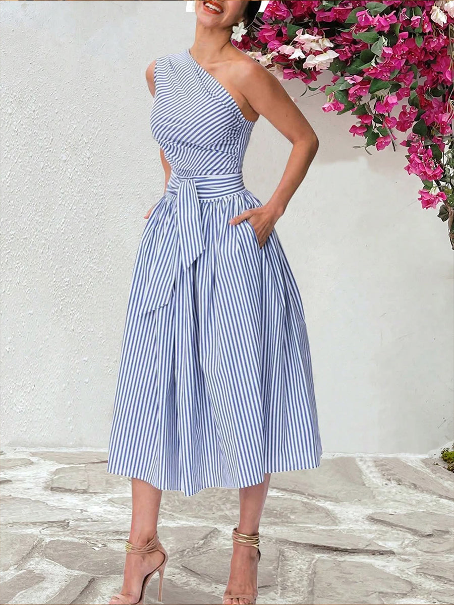 Stylish And Elegant Striped One-shoulder Cotton Dress