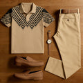 Men's Casual Brown Printed Polo Shirt And Pants Two-Piece Set