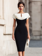 Contrast Panel Keyhole Neck Structured Pencil Midi Dress