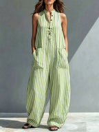 Women's Sleeveless Striped Henley Collar Wide-leg Jumpsuit