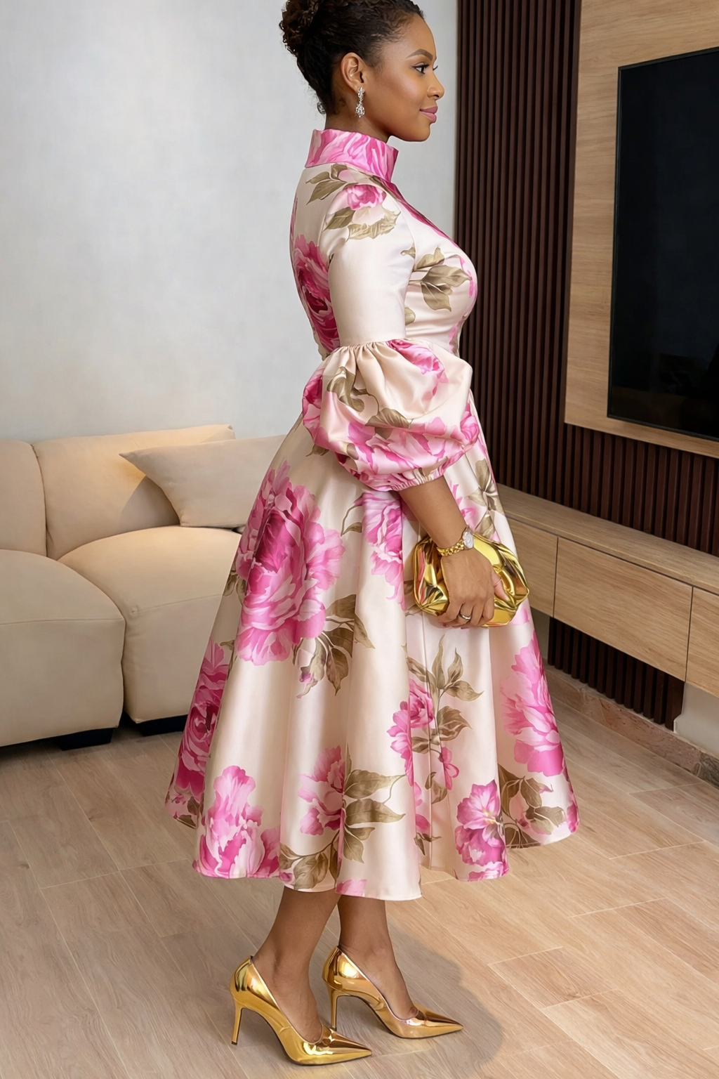 Pink Rose Print High Neck Puff Sleeve High Waist Flare Midi Dress